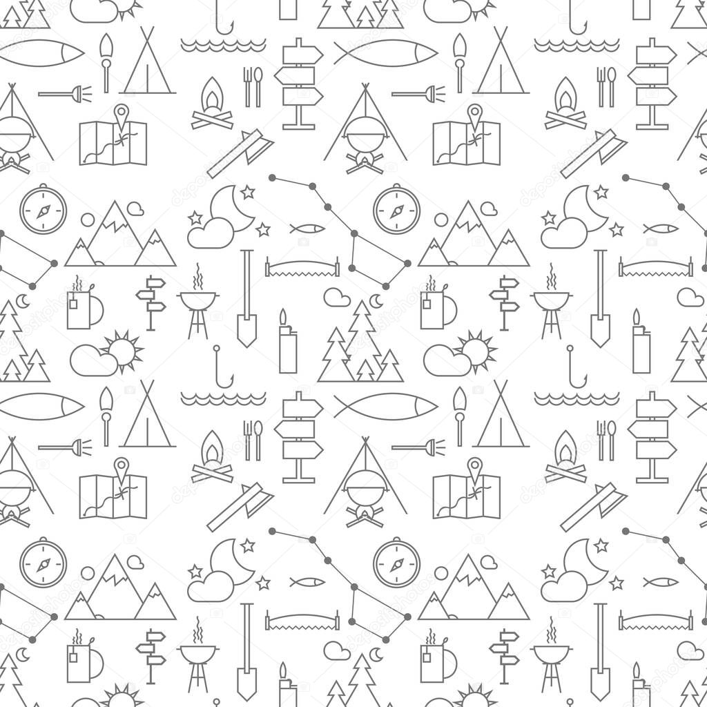Camping linear vector seamless pattern with hiking and landscape travel elements.
