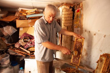 Arı yetiştiricisi arılarla ve arı kovanlarıyla çalışıyor..