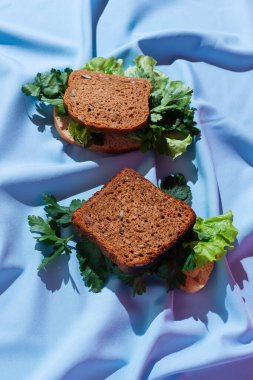 Örtünün üzerinde çeşitli yeşillikler olan çavdar ekmeği parçaları, sağlıklı sandviç konsepti, seçici odaklanma