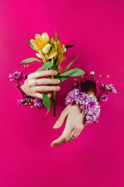 Sarı alstroemeryalar ve kasımpatı bileziği tutan yırtık kağıtlar aracılığıyla kadınların ellerini yakın plan, seçici odaklanma.
