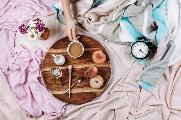 Cozy Autumn Winter Flatlay Wooden Tray Cup Coffee Peaches Creamer — Stock Photo, Image