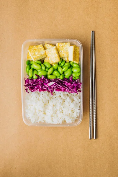 Healthy Asian Style Vegan Bento Box Rice Fried Tofu Edamame — Stock Photo, Image