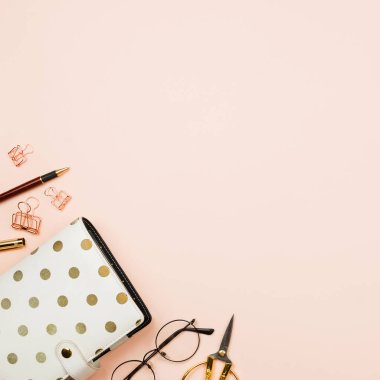 Pastel arkaplan üzerinde çeşitli sabit aksesuarlar: gözlük, ataç, planlayıcı, makas, düz konum