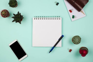 Boş sayfası, kalemi, akıllı telefonu, sulu suları, kaktüsleri ve diğer iş aksesuarları olan düz hesap defterleri. Nane rengi arkaplan. Üst Manzara, İyi iş sabahı kavramı.