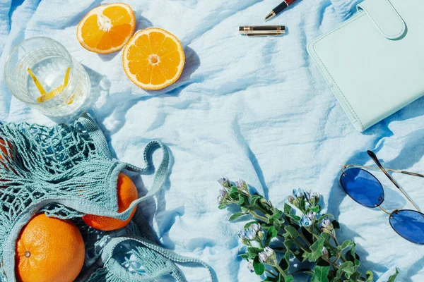 Summer Picnic Flatlay Fruits Flowers Lemon Water Blue Blanket — Stock Photo, Image