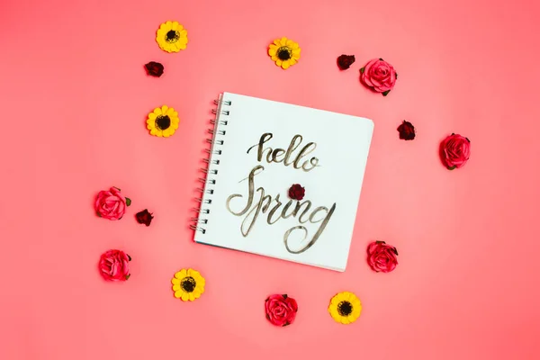 Notebook White Page Handlettering Hello Spring Various Artificial Flowers Flatlay — Stock Photo, Image