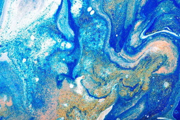 Fluid art festészet absztrakt textúra, kék, fehér, rózsaszín és arany. Színösszetétel — Stock Fotó