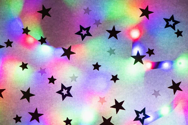 Festive party background with stars and trendy neon light.