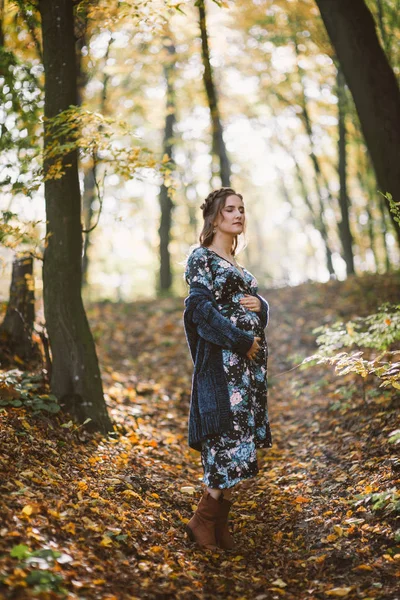 Mujer embarazada soñadora en el bosque de otoño . —  Fotos de Stock