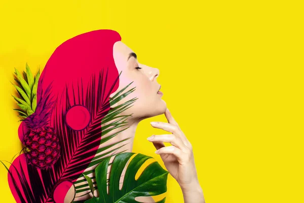 Contemporary art collage of beautiful woman with tropical fruits and palm leaves on yellow background. — Stock Photo, Image