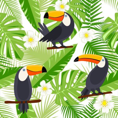Tropik çiçekleri, yaprakları ve tukanları olan çiçek arkaplanı. Şık kumaş tasarımı için vektörsüz desen. 