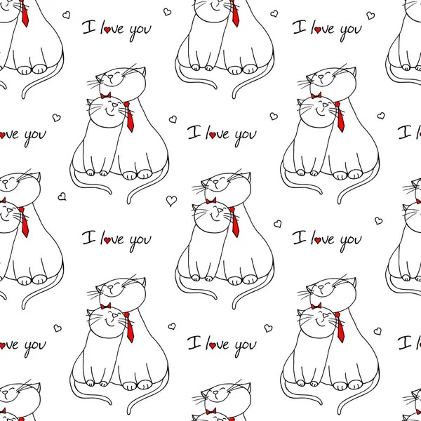 无缝图案与猫恋爱 矢量插图人物设计情侣猫爱上你 爱上你 爱上你 爱上你 涂鸦卡通片风格 — 图库矢量图片