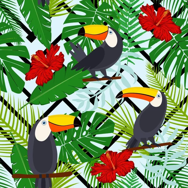 Toekan Exotische Vogels Tropische Palmbladeren Jungle Bloemen Mooie Naadloze Vector — Stockvector