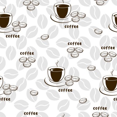 Süslü, pürüzsüz, kahve fincanı ve kahve çekirdeklerini gösteren bir desen. Beyaz arka planda içecek tabakları sanat ve hat sanatı ile arka plan