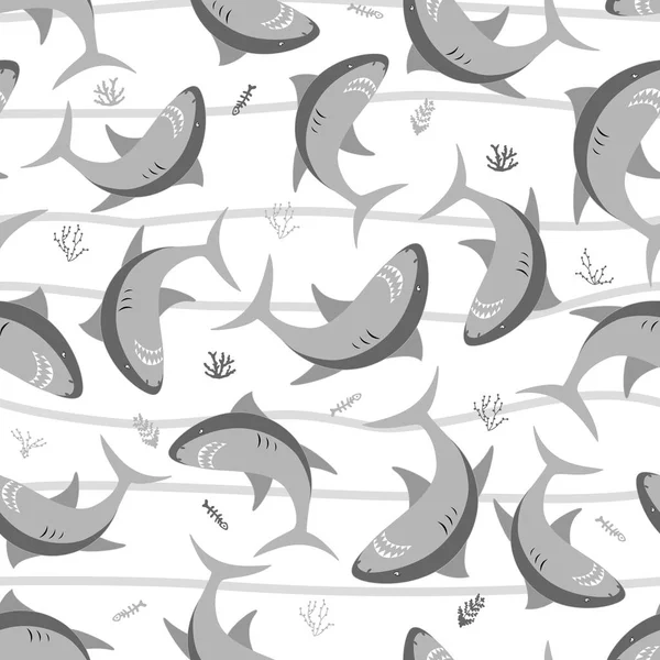 矢量鲨鱼海生野生动物手绘涂鸦图集 夏季服装印刷 女孩或男孩 — 图库矢量图片