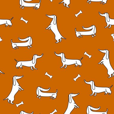 Elle çizilmiş dachshunds ve kemik ile çocuksu, pürüzsüz bir desen. Çocuk kıyafetleri, kumaş, tekstil, çocuk odası dekorasyonu, ambalaj kağıdı için mükemmel..