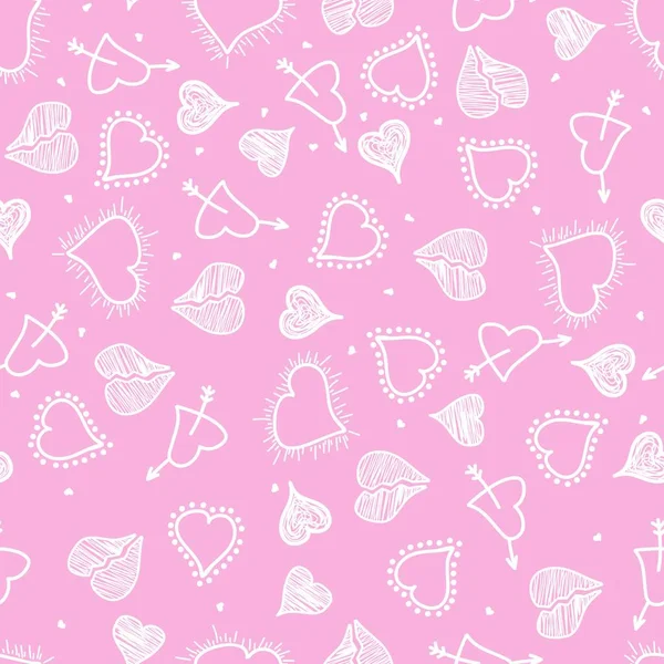 手描きの白い心を持つシームレスなロマンチックなパターン ピンクの背景にカラフルなドードルの心 デザイン ポストカード ポスター パーティー バレンタインデー ヴィンテージテキスタイルのための準備ができたテンプレート — ストックベクタ