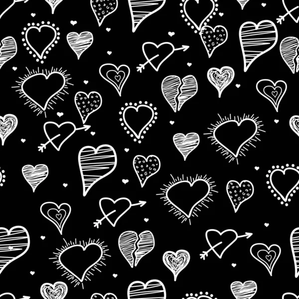 手描きの白い心を持つシームレスなロマンチックなパターン 黒の背景にカラフルな人形の心 デザイン ポストカード ポスター パーティー バレンタインデー ヴィンテージテキスタイルのための準備ができたテンプレート — ストックベクタ