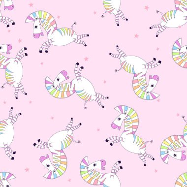 Kusursuz desenli çizgi film küçük şirin bebek zebra uçuyor ve gülümsüyor. Kumaş, zarf, çocuklar için şablon tasarımı, tatil dekorasyonu.