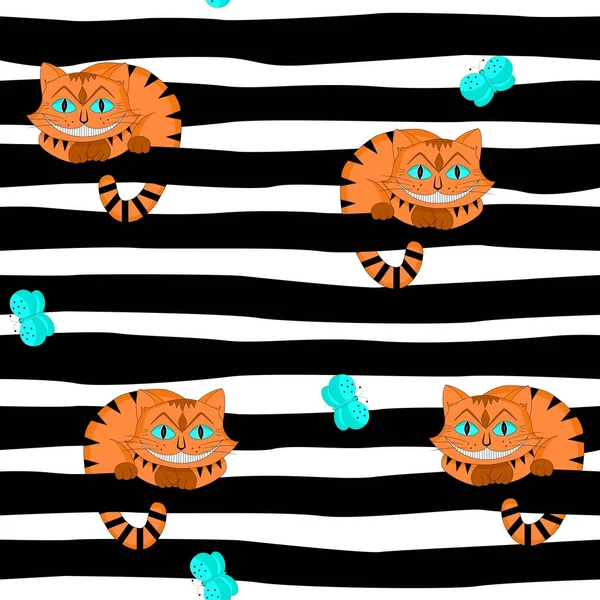 Płynny Wzór Pomarańczowymi Kotami Kitty Uśmiecha Się Bawi Motylami Wzór — Wektor stockowy