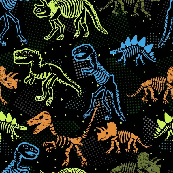 Dinosaur skeleton. Vector seamless pattern. Original design with dinosaur bones. Black background with dots. Desing for textile, clothes.