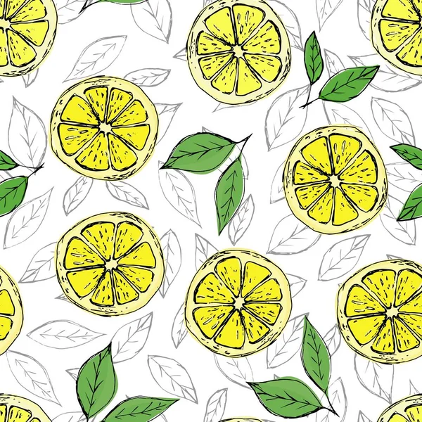 Ручной Рисунок Красочные Бесшовные Картины Ручной Работы Лимоны Зеленые Листья — стоковый вектор