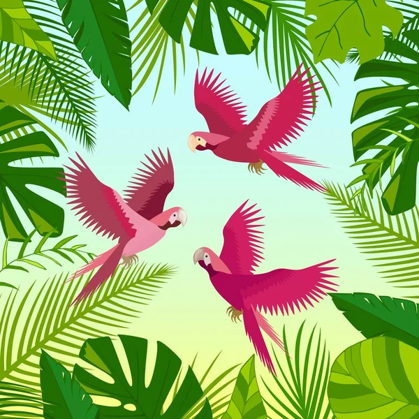 Růžoví Papoušci Zelené Palmové Listy Složení Listů Džungle Krásné Květinové — Stockový vektor