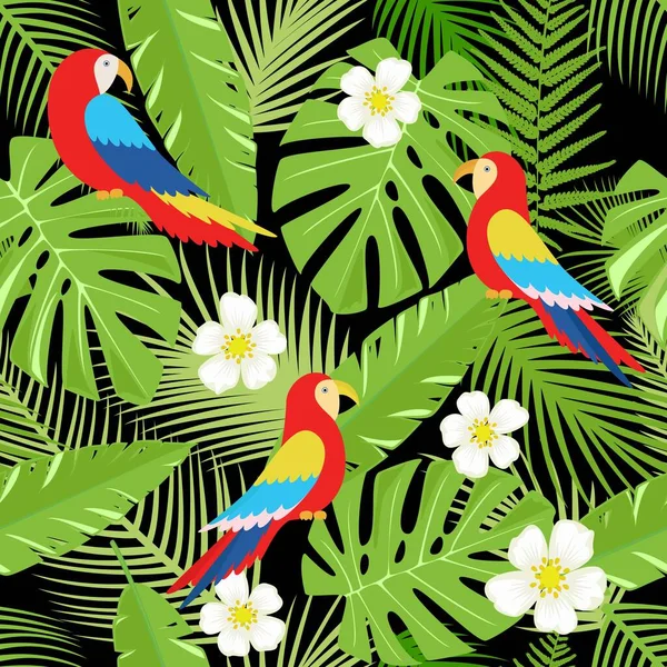 Květinové Pozadí Tropickými Květinami Listy Papoušky Vektorový Bezešvý Vzor Pro — Stockový vektor