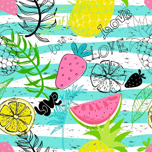 エキゾチックな熱帯面白い壁紙 カラフルな背景と魅力に葉 パイナップル イチゴ レモンとシームレスなパターン 生地の服のための明るい夏の果物のイラスト夏 — ストックベクタ