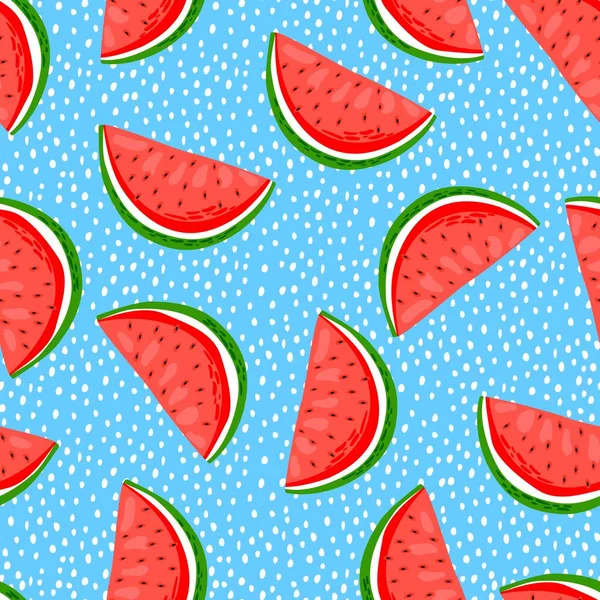 Slices Watermelon Seeds Blue Background Seamless Pattern Summer Theme Tropical — Stock Vector