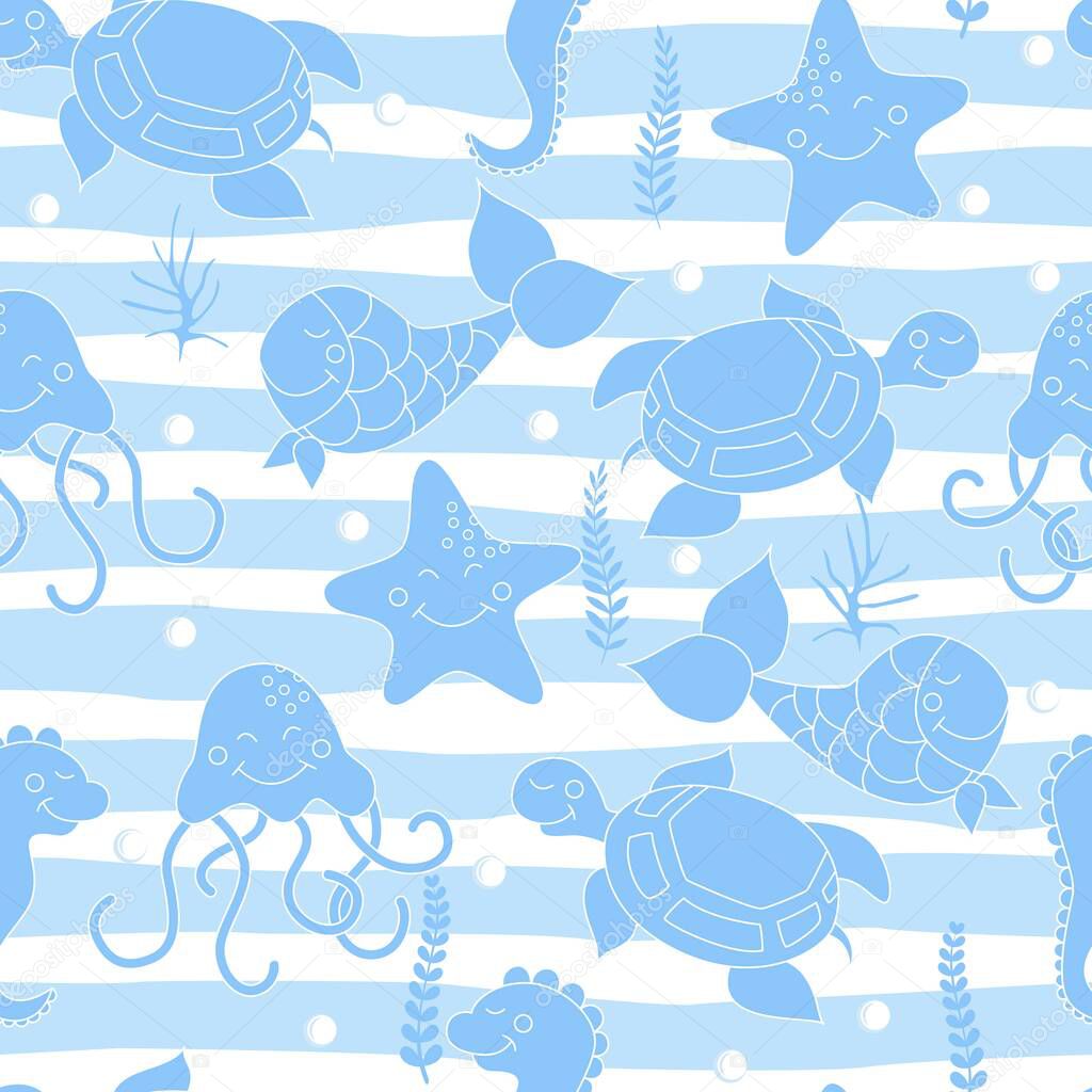 Hand drawn vintage nautical seamless pattern. Fish, sea star, whale, sea horse, octopus. Smile animals. Template design for children's fabrics.