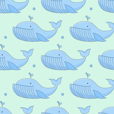 Mavi sularda komik balinalar olan şirin, pürüzsüz bir desen. Kumaş, tekstil ve giysi için güzel bir arkaplan çizimi. 