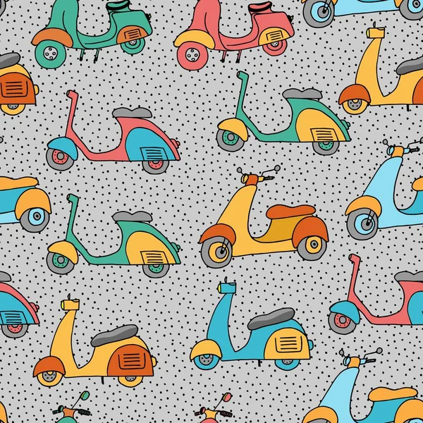 Seamless pattern with motor scooters. Old style motorbike, city motorcycle, trendy electric bike. Funny print for fabric, paper and web