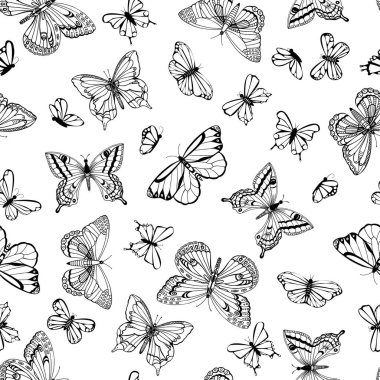 Kelebekli kusursuz siyah beyaz desenli. Elle çizilmiş hatlar ve vuruşlar. Kumaş, kağıt ve arkaplan için yazdır.