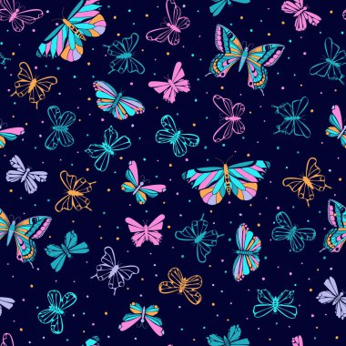 Uçan kelebeklerin ve noktaların renksiz deseni. Tropik kelebek silueti. El çizimi vektör çizimi. Kumaş, kağıt ve arkaplan için yazdır.