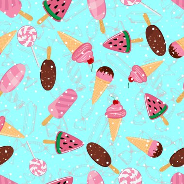 Şekerli ve şekerli kusursuz kawaii deseni. Kumaş, kağıt ve arkaplan için yazdır