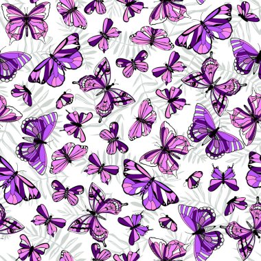 Kelebekli ve yapraklı kusursuz bir desen. Elle çizilmiş hatlar. Kumaş, kağıt ve arkaplan için yazdır.