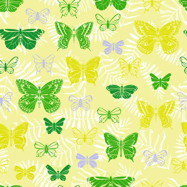 Цветной Бесшовный Рисунок Летающих Бабочек Листьев Тропический Силуэт Бабочки Ручной — стоковый вектор