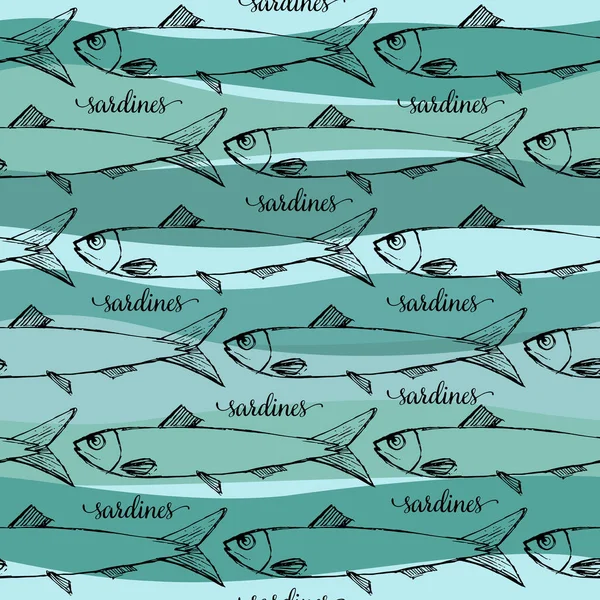 蓝色条纹背景上的葡萄牙沙丁鱼的向量无缝图案 在纺织品 T恤衫上打印有趣的图像 — 图库矢量图片