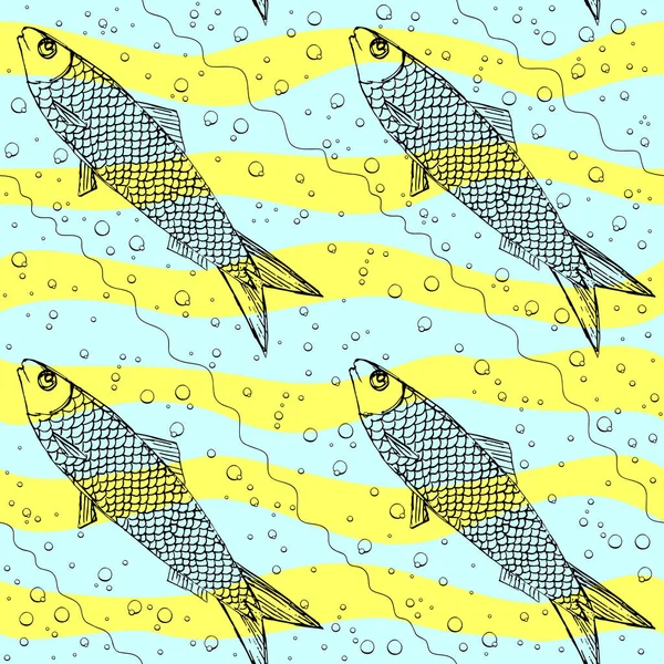 斑纹背景上的向量状鱼类无缝图案 在纺织品 T恤衫上打印有趣的图像 — 图库矢量图片