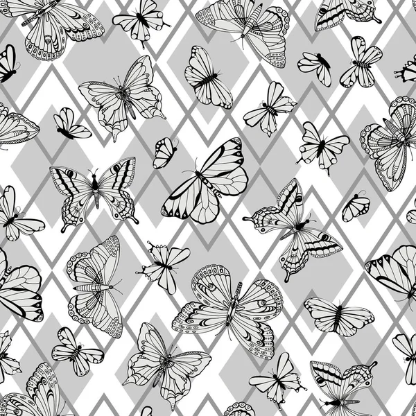 Seamless Beautiful Black White Pattern Butterfly Hand Drawn Contour Lines — Stock Vector