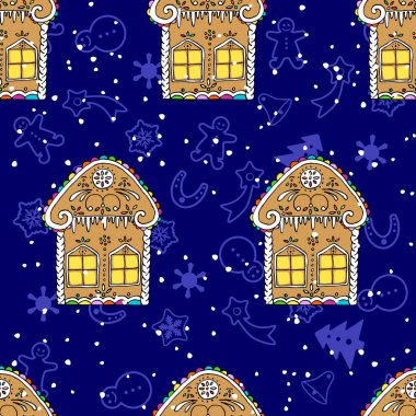 Noel kurabiyeleri dikişsiz, evler ve kar taneleri. El çizimi çizgi film arkaplanı.