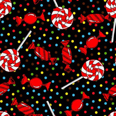 Farklı parlak şekerlemelerle kusursuz bir arka plan. Kumaş ve kağıt için vektör illüstrasyonu.
