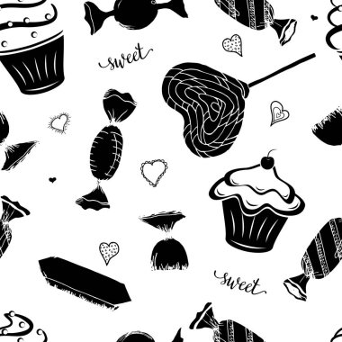 İzole elle çizilmiş şekerler ve beyaz renkli kekler ile vektörsüz desen. Yemek teması ve şekerleme kalıbı. Tasarım için kullanılacak arkaplan.