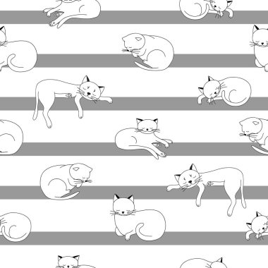 Şirin vektör kediler kusursuz desen. Kedi karalaması deseni. Kumaş, tekstil, çocuk odası duvar kâğıdı için çocukça bir geçmiş. Siyah ve beyaz renkler.