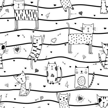 Karalama yapan kedilerde kusursuz komik desen. Çizim tarzında sevimli kedi resmi. Çizgi film hayvanları arka planı. Doodle kedileri. Kumaş, duvar kağıdı, ambalaj kağıdı, tekstil, yatak, tişört baskısı için ideal..