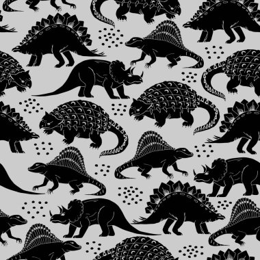 Farklı dinozorları olan kusursuz bir model. Şirin Çizgi El, Dinozorları Çizdi, Vektör Resmini Çizdi. Duvar kağıdı, tekstil, ambalaj kağıdı tasarımı için yazdır.