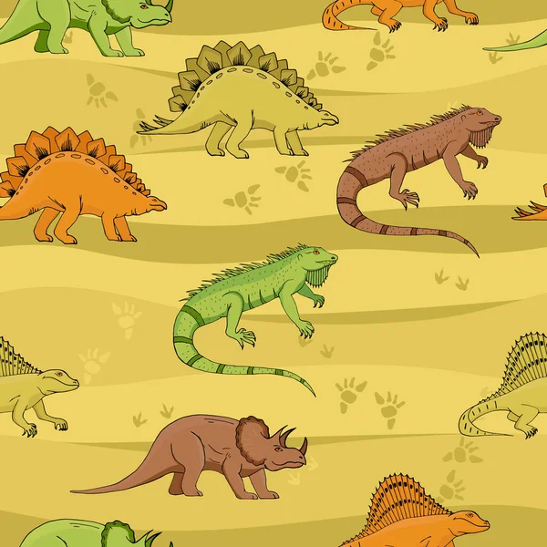 Dino Sömlös Mönster Söta Tecknad Hand Ritade Dinosaurier Doodles Vector — Stock vektor