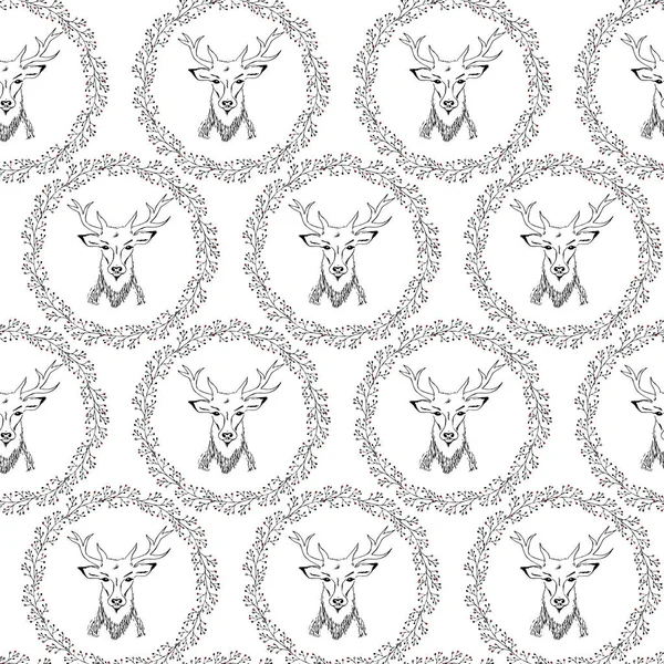 Seamless Hand Drawn Deer Wreath Print Fabric Paper — Stock Vector