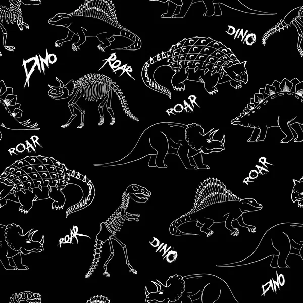 Dino Seamless Pattern, Cute Cartoon Hand Drawn Dinosaurs Doodles Vector Illustration. Ideal for wallpaper, textile, wrapping paper design.